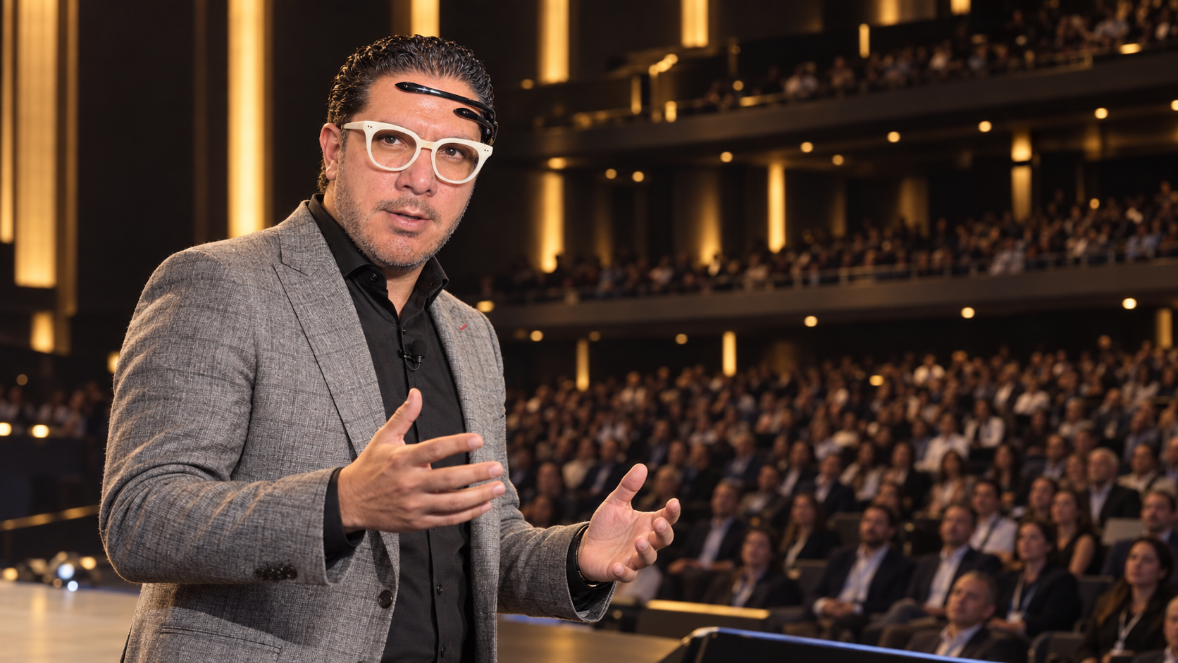 AI-created promotional image of Alex Bravo speaking on stage wearing his EEG device, with an audience behind him