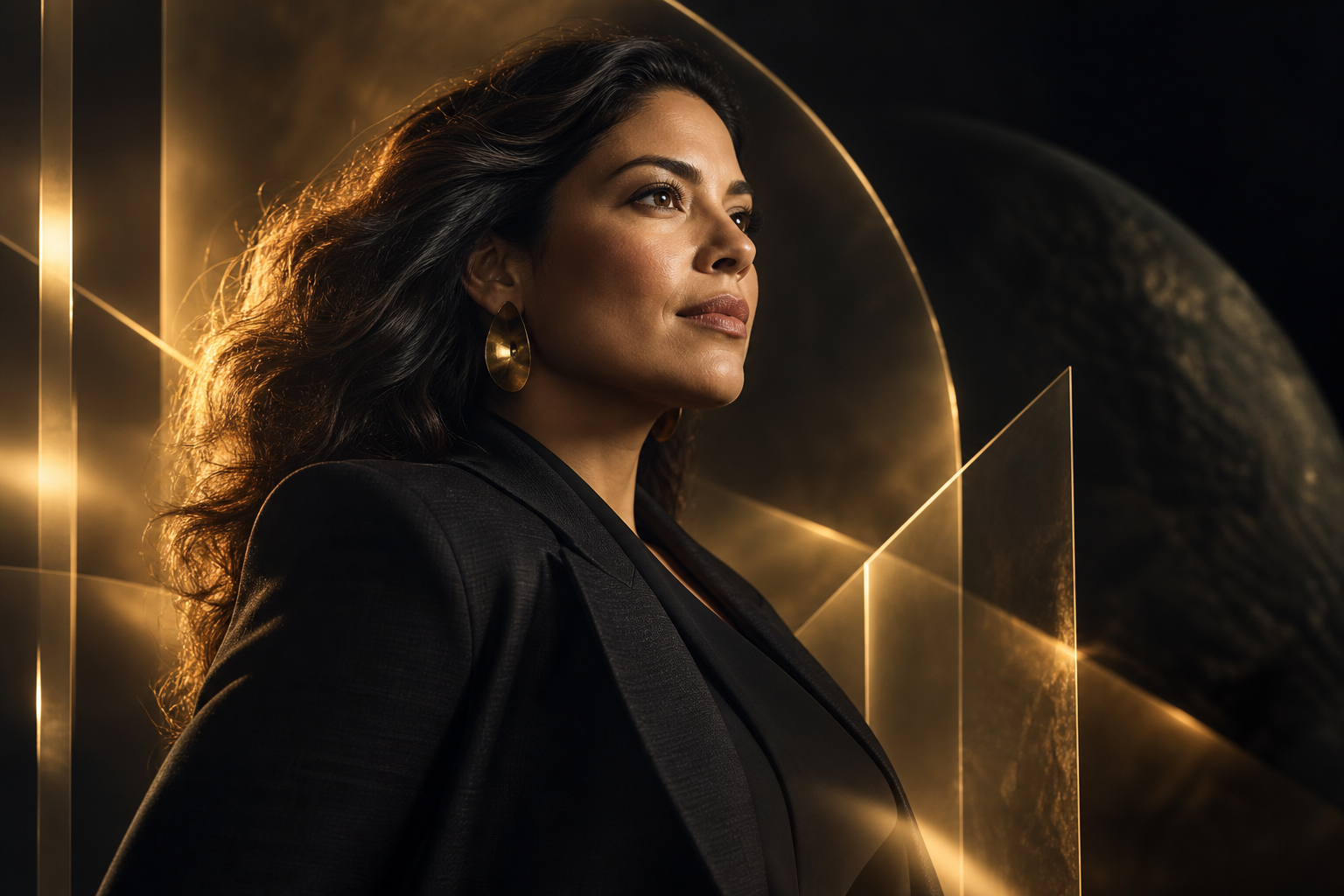 AI-generated illustration: A woman leader in golden light with subtle digital layers