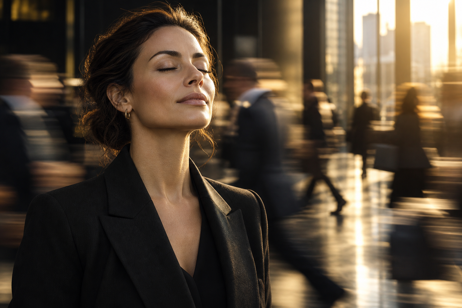 AI-generated illustration: A leader taking a conscious pause amid a busy business setting